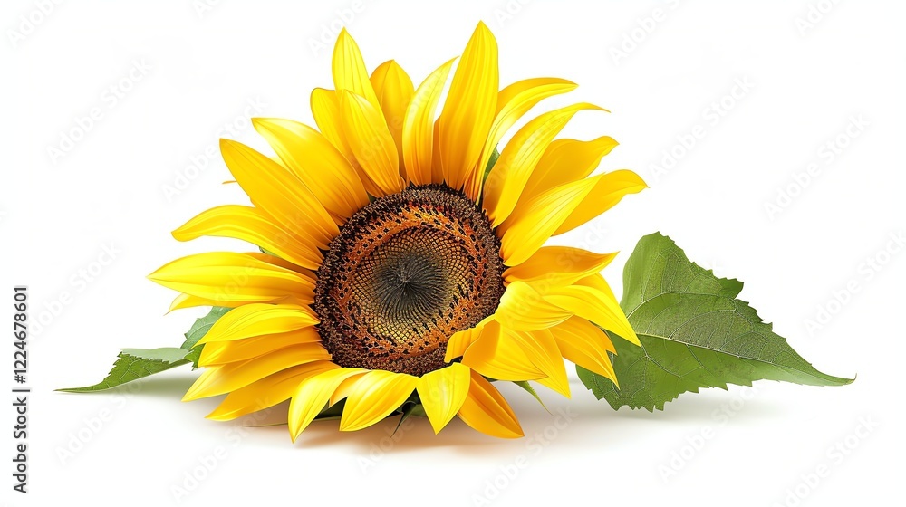 Fototapeta premium A vibrant yellow sunflower with green leaves on a white background.