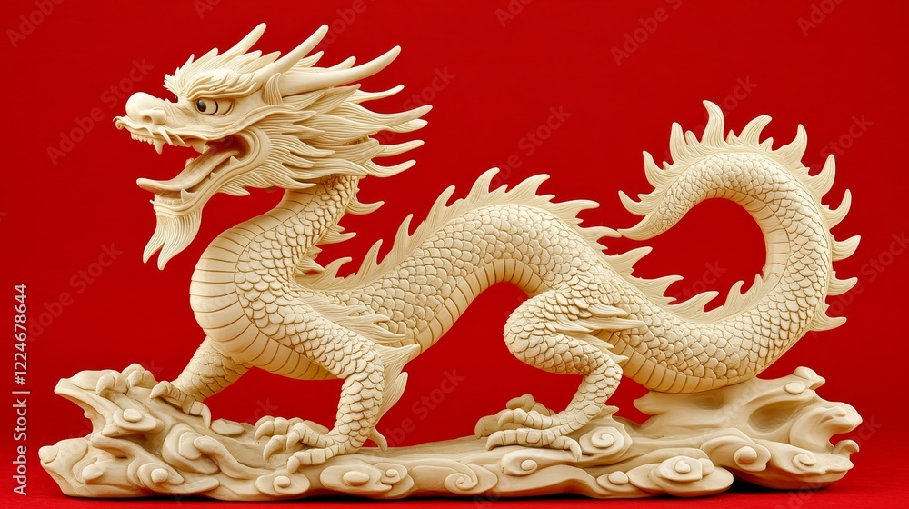 Obraz premium Elegant Carved Ivory Dragon Figurine on Red Background