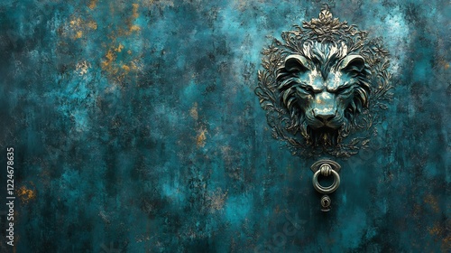 Majestic lion door knocker elegantly rests on teal textured background. AI Generated