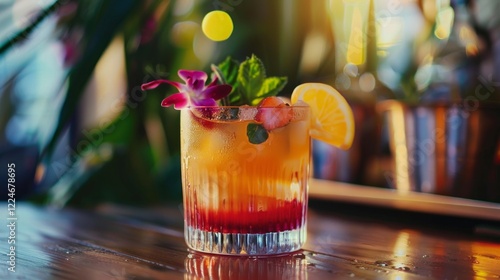 Tropical refreshing cocktail on the beach orange yellow with pineapple and orange in the sun rays, summer