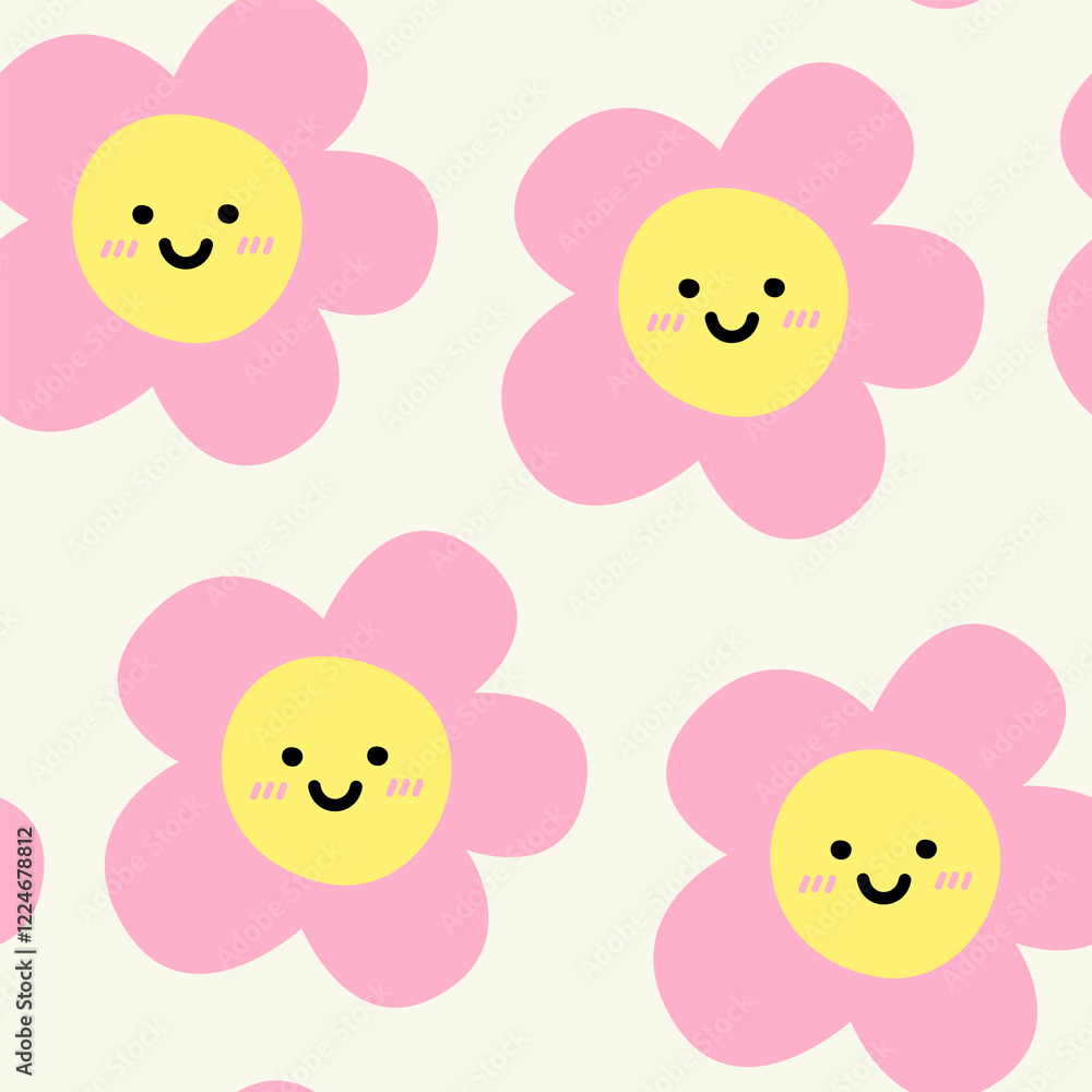 happiness pink smile flower retro style seamless pattern happiness pink smile flower retro style seamless pattern