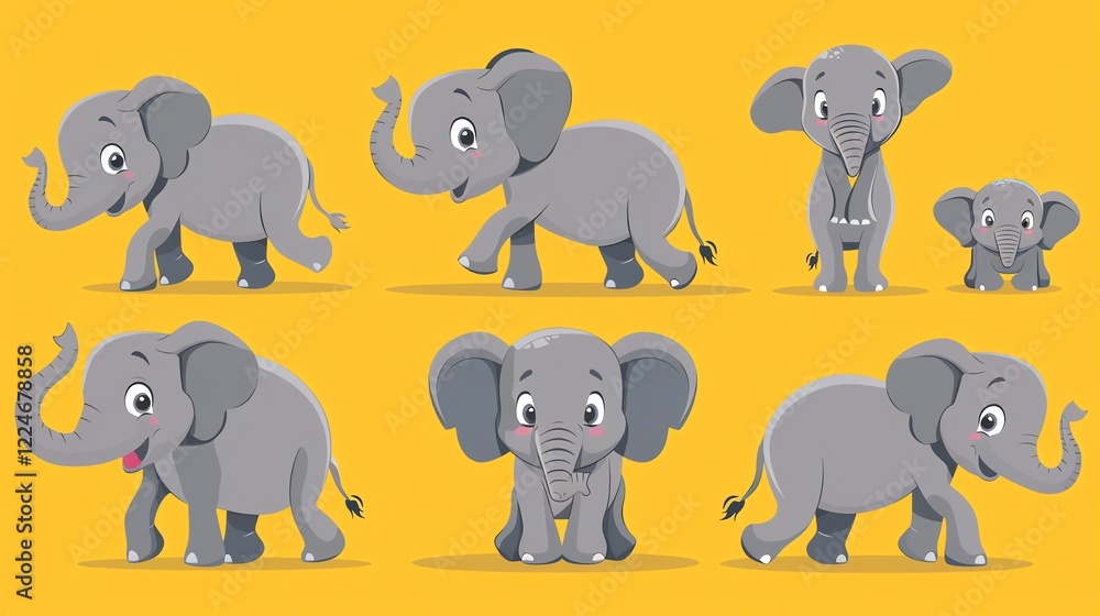Fototapeta premium A set of cute cartoon elephants in different poses.