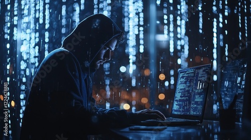 Under a veil of digital rain, a skilled hacker wearing a dark blue hoodie focuses intently on his laptop screen, surrounded by a city’s glowing lights during the night photo