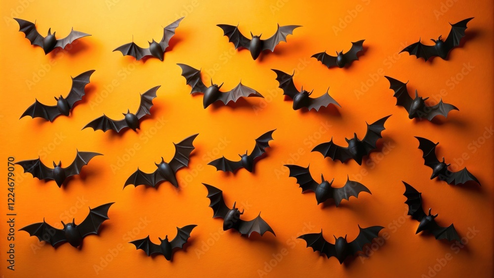 Fototapeta premium A Flock of Black Bats on an Orange Background for Halloween Decorations