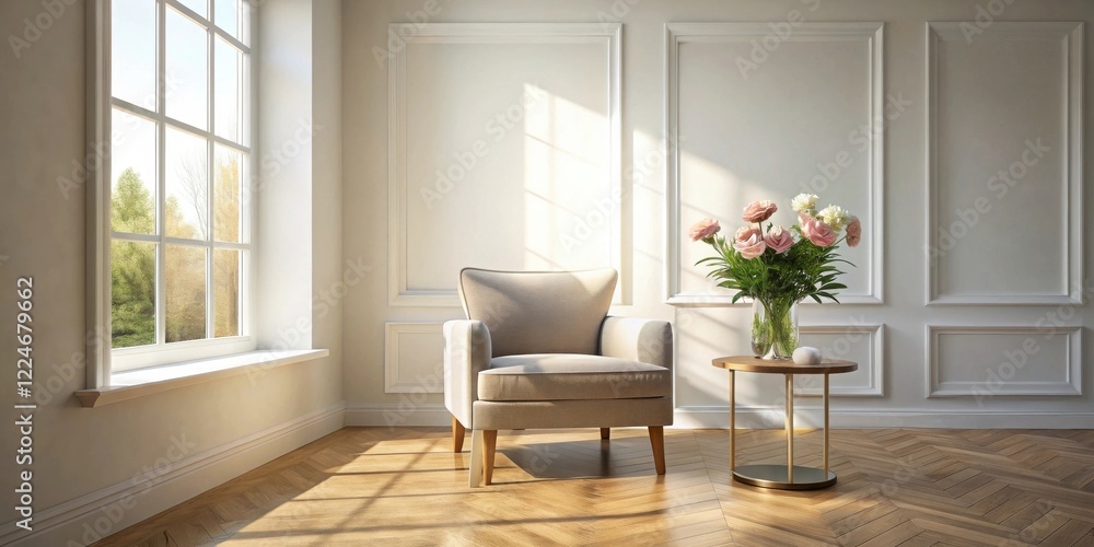 Fototapeta premium Serene Sunlight Illuminates Elegant Living Room with Upholstered Armchair and Flower Vase