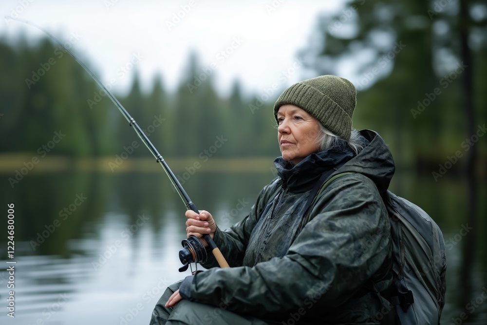 A senior woman peacefully enjoys a fishing trip on a boat, surrounded by calm waters and stunning natural scenery A senior woman peacefully enjoys a fishing trip on a boat, surrounded by calm waters and stunning natural scenery