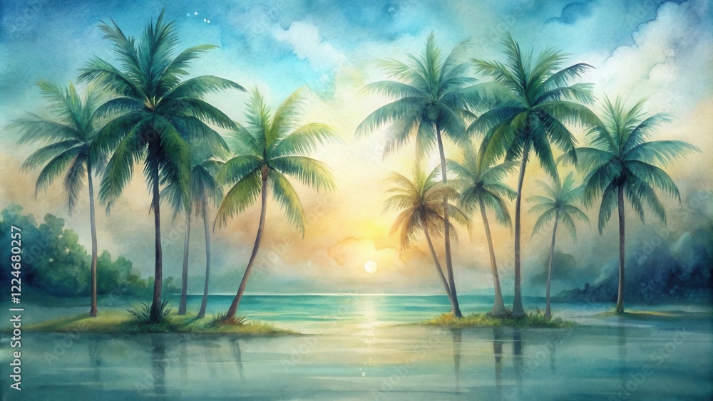 Fototapeta premium Serene Sunset on Tropical Shore with Palm Trees