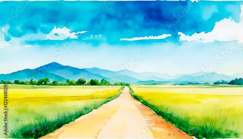 一本道がつづく田舎の風景、水彩、