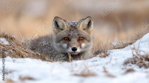 Fox resting in snow-covered grassland, displaying its alert expression.