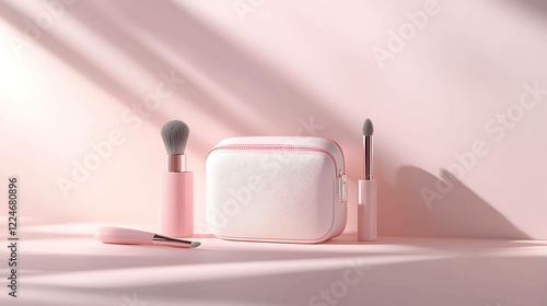 Elegant makeup bag with lip gloss, brushes, and a highlighter stick on a soft pink surface photo