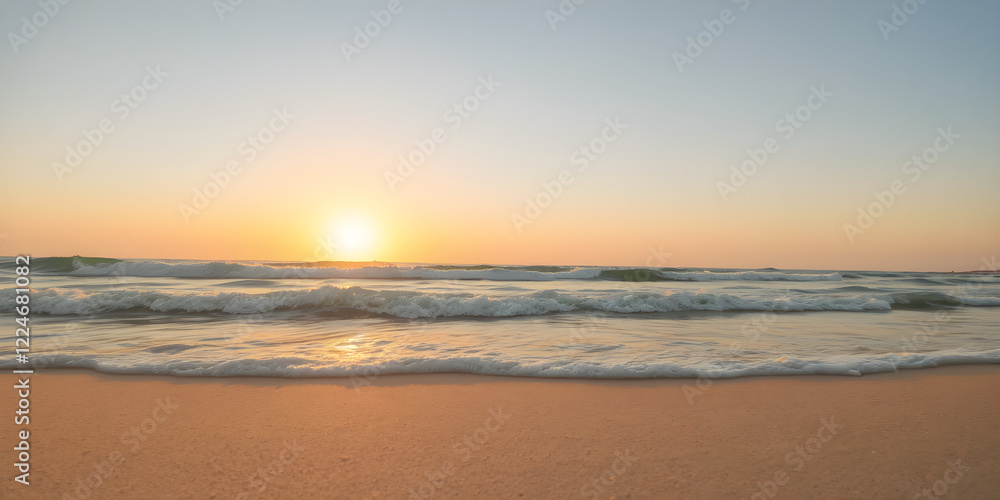 Fototapeta premium Blurred waves rolling over a vibrant sandy beach under a golden sunset, in 8K resolution