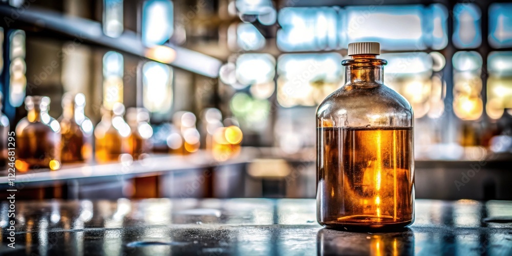 Amber bottle of liquid on a laboratory counter with blurred background of glassware Amber bottle of liquid on a laboratory counter with blurred background of glassware