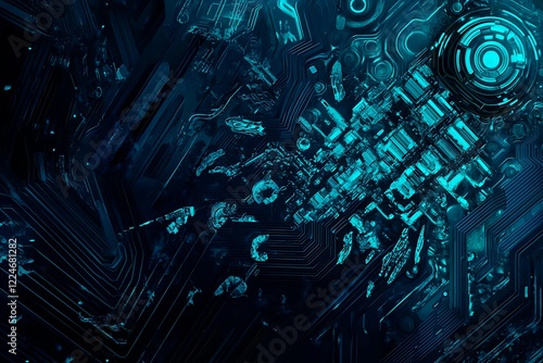 Abstract close-up of a glowing blue digital circuit board  showcasing intricate connections and technological design on a black background. 