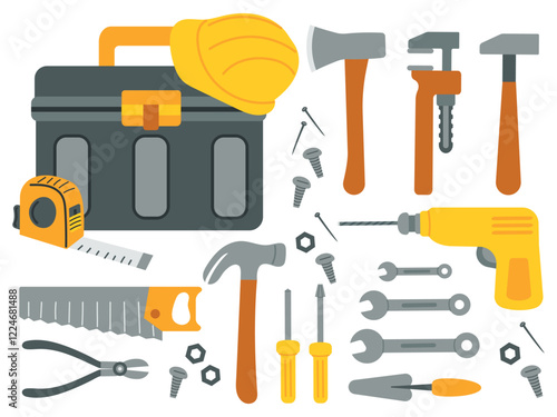 Construction and repair tool icons, set of building tools - drill, hammer, screwdriver, saw, spatula