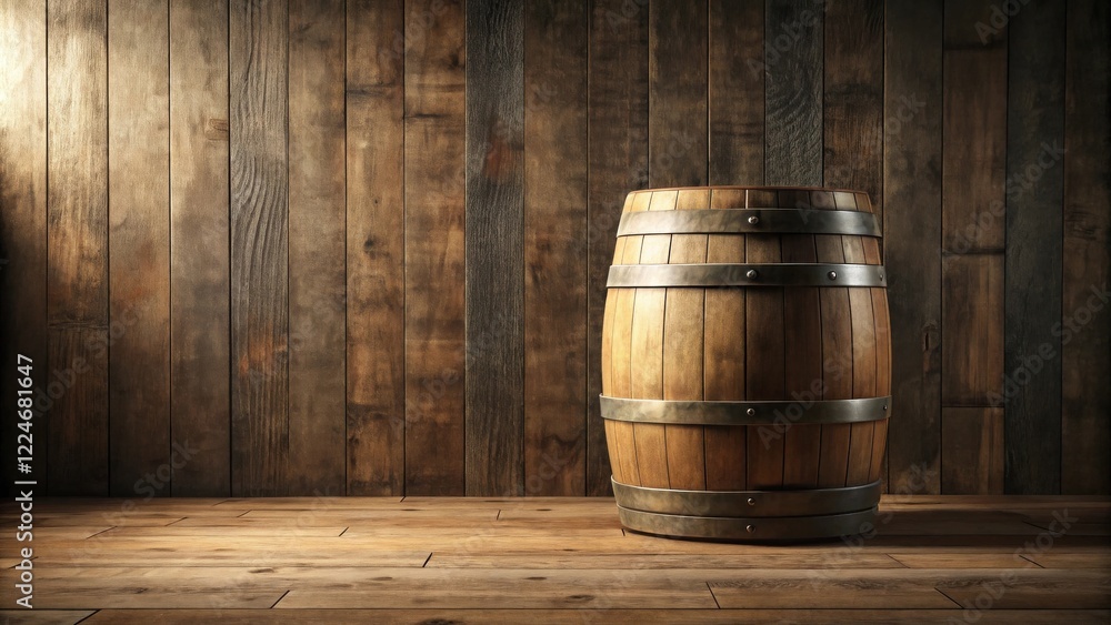 Fototapeta premium Wooden Barrel in Rustic Setting, Aged Wood Background