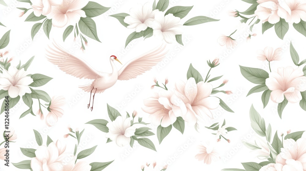 Fototapeta premium Elegant Crane Soaring Amidst Delicate Blossom Pattern