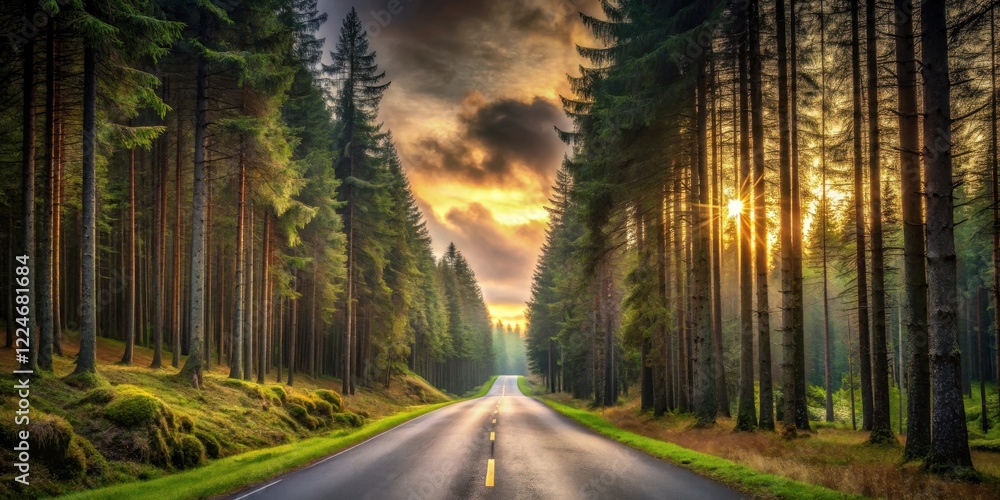 Fototapeta premium Sunlit Asphalted Road Through Lush Evergreen Forest at Sunset