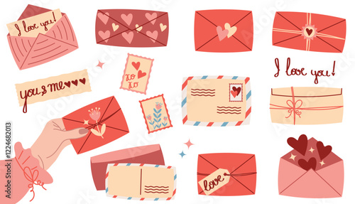 Set of different envelopes for Valentine's Day. Vector of graceful female hand with love envelope.