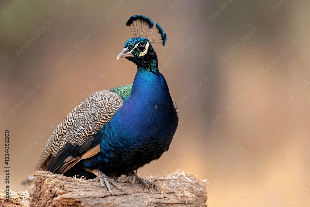 Obraz premium Colorful peacock perched on a log with a blurred background.
