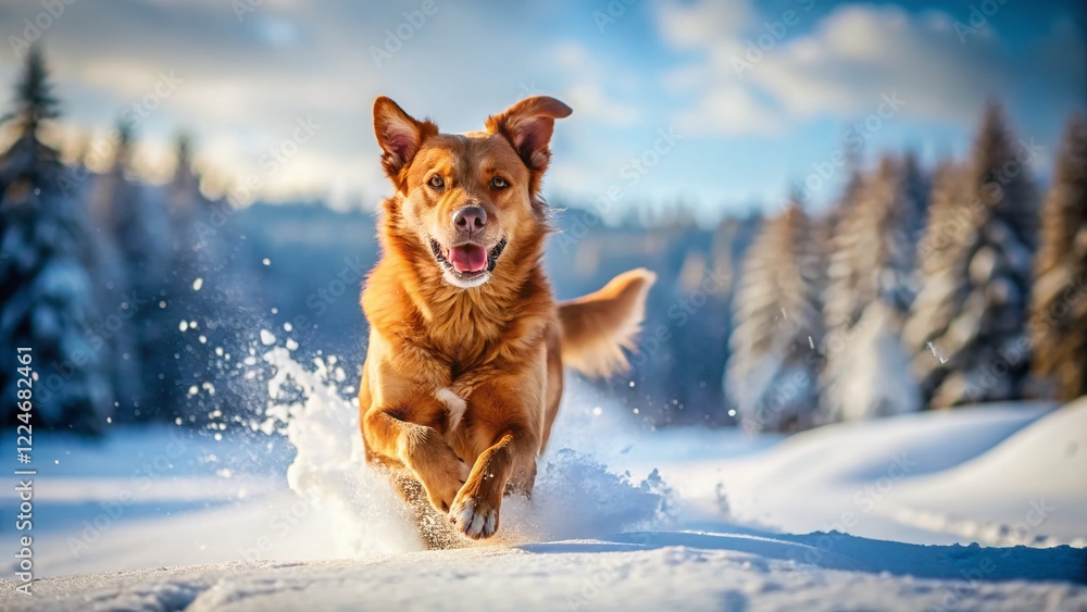 Happy Brown Dog Running in Snowy Winter Wonderland - Stock Photo Happy Brown Dog Running in Snowy Winter Wonderland - Stock Photo