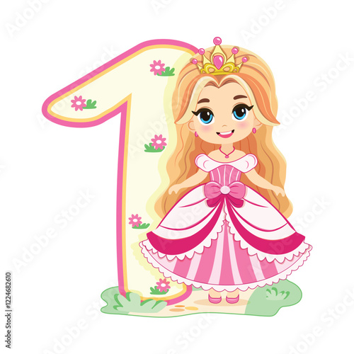 Cute princess with beautiful eyes in a pink dress and number 1 on white background. Happy Birthday concept. For Greeting Card or Invitation. Vector illustration in flat cartoon style