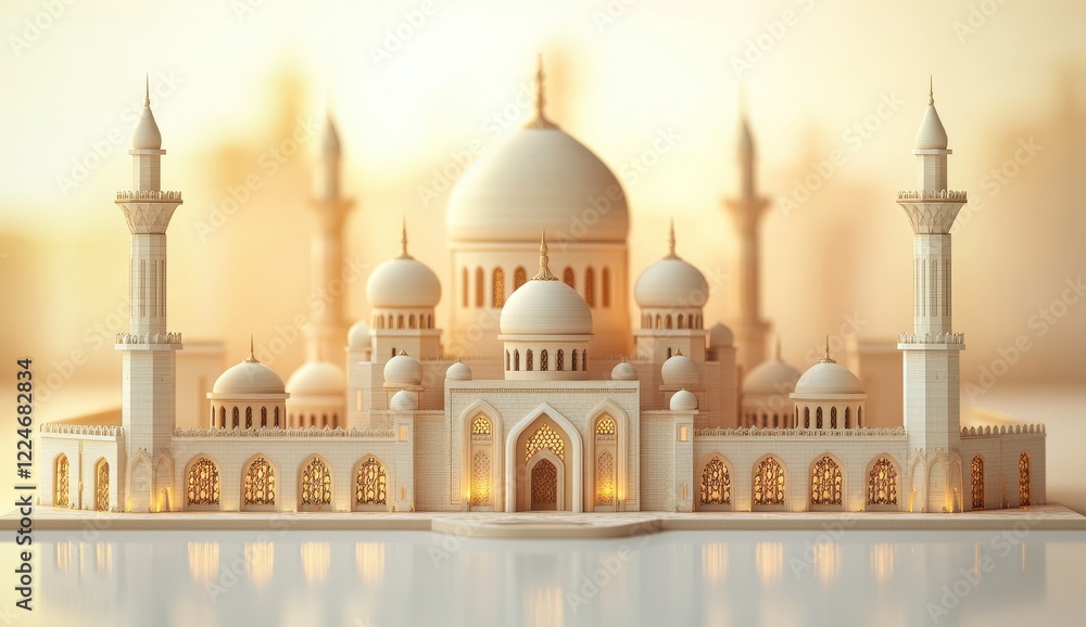 Obraz premium Intricate Architectural Design of Majestic Mosque Model at Sunset