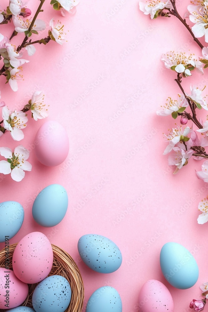 A charming Easter-themed pink composition featuring a decorative egg basket A charming Easter-themed pink composition featuring a decorative egg basket