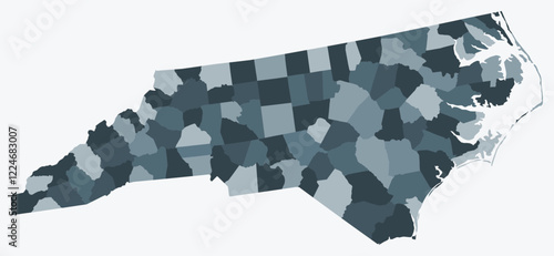 Map of North Carolina with counties. A simple state border map with county divisions. Blue-grey color palette. Plain shape of the State of North Carolina with administrative divisions.