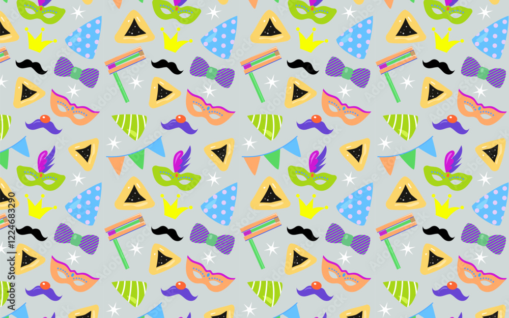 Obraz premium Purim carnival pattern. Purim set with cute carnival mask