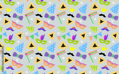 Purim carnival pattern. Purim set with cute carnival mask