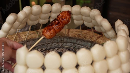 View of Tsukimi Dango (Mochiko), a special food for the Harvest Moon in Asakusa, Tokyo, Honshu, Japan