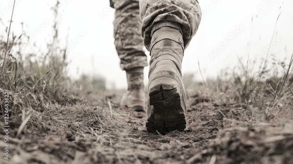 Soldier's boots walking on dirt path. Soldier's boots walking on dirt path.