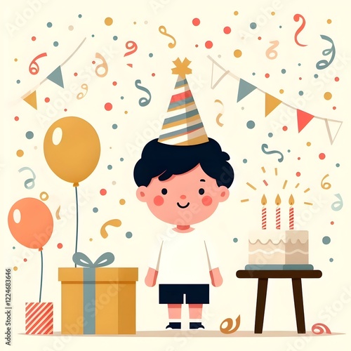 생일파티,축하,소년,꼬마,남자아이,생일,꼬깔모자,케이크,선물,풍선,만화,그림,종이폭죽,폭죽,생일초 photo