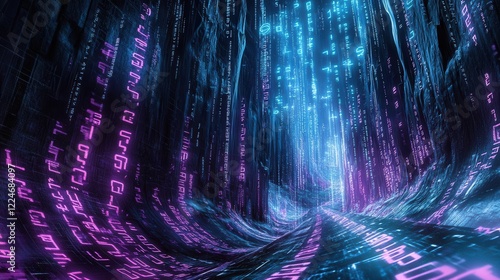 ethereal data streams flow through a neonlit digital canyon holographic numbers and symbols float upward creating a cyberpunk landscape bathed in purple and blue bioluminescence photo