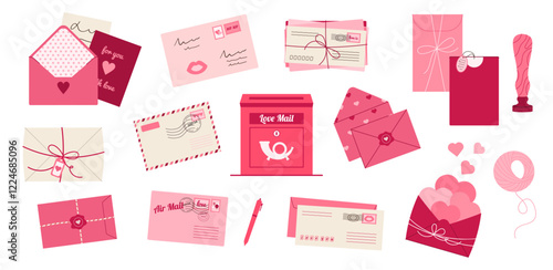 Set of romance envelope with postage stamps, letters
