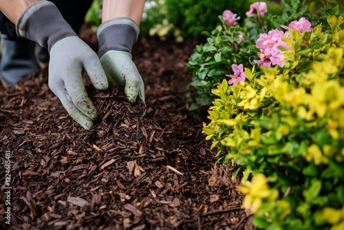 Fototapeta Naklejka Na Ścianę i Meble -  Gardener is Applying Mulch in a Beautifully Designed Landscape for Plant Care and Growth. Person in Gloves is carefully placing wood mulch around the colorful plants in a autumnal garden. Autumn work