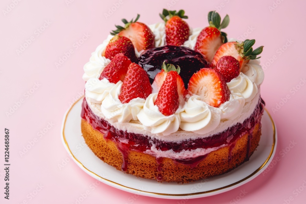 Donut with whipped cream and strawberry berry and red jam on top isolated on a pink background. Copy space for text. Delicious glazed strawberry donut. Doughnut sugar, fresh strawberries slices Donut with whipped cream and strawberry berry and red jam on top isolated on a pink background. Copy space for text. Delicious glazed strawberry donut. Doughnut sugar, fresh strawberries slices
