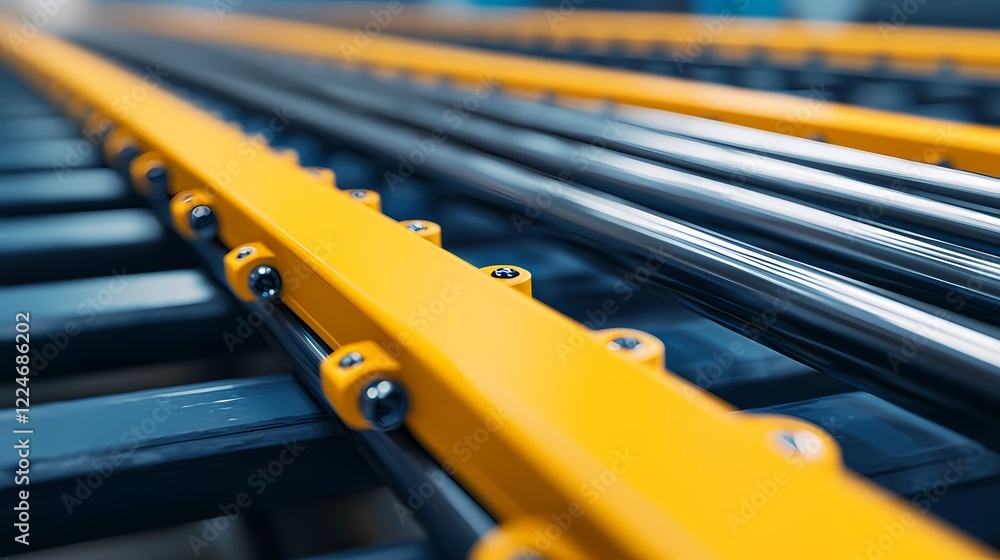 A close-up of industrial machinery featuring metal rods and a bright yellow component, showcasing precision engineering and design. A close-up of industrial machinery featuring metal rods and a bright yellow component, showcasing precision engineering and design.
