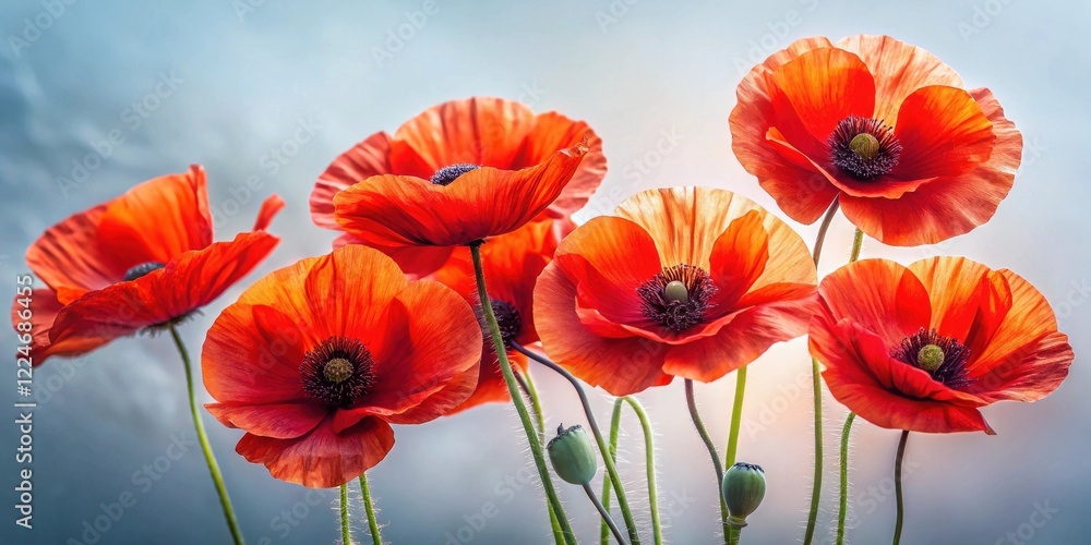 Naklejka premium Vibrant Red Poppies Blooming in Soft Light, a Stunning Floral Display of Nature's Beauty