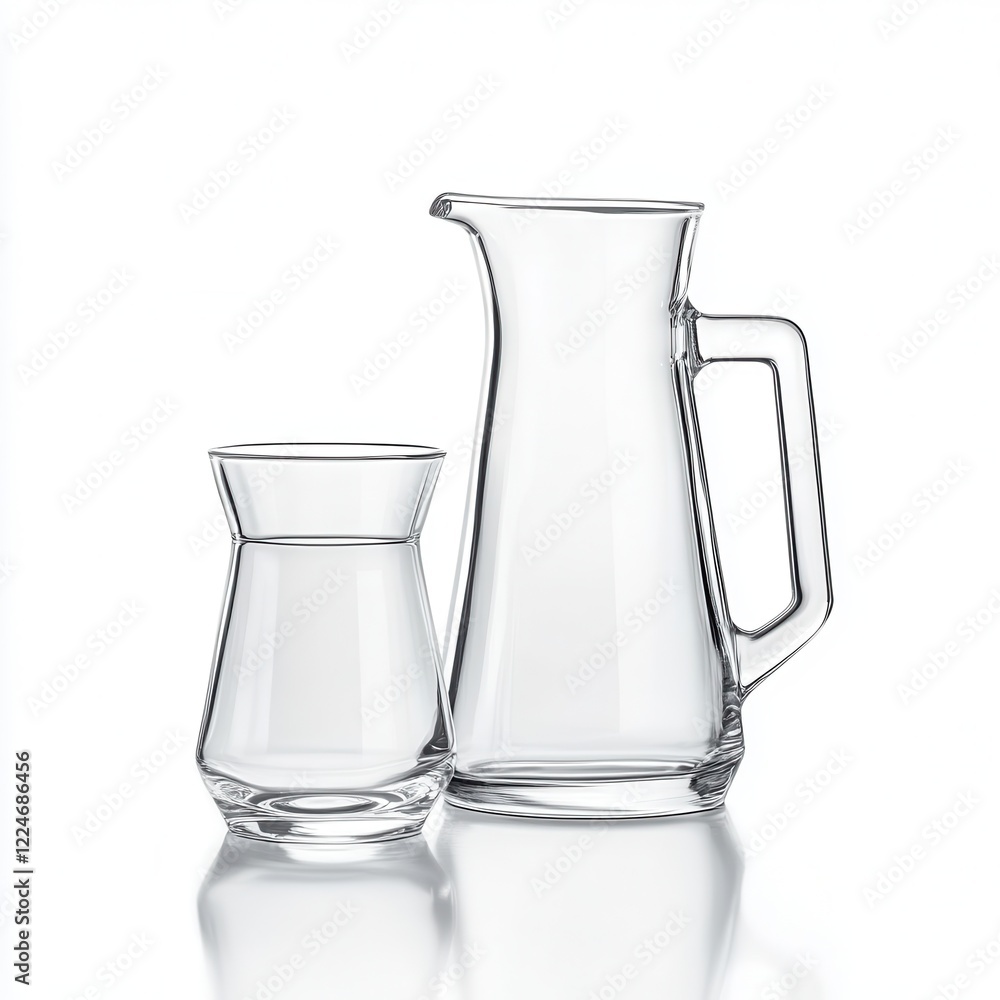 Glass pitcher and tumbler on white background, studio shot, water, refreshment Glass pitcher and tumbler on white background, studio shot, water, refreshment