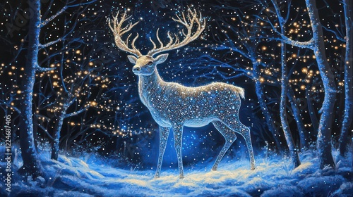 Charismas serene embrace of a twinkling blue forest, an ornate deer glimmers with thousands of crystals, embodying the magic of winter. photo