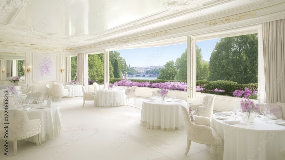 Elegant Dining Room with River View and Floral Decor Elegant Dining Room with River View and Floral Decor