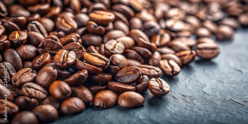 Close-up view of aromatic roasted coffee beans scattered on a dark surface Close-up view of aromatic roasted coffee beans scattered on a dark surface