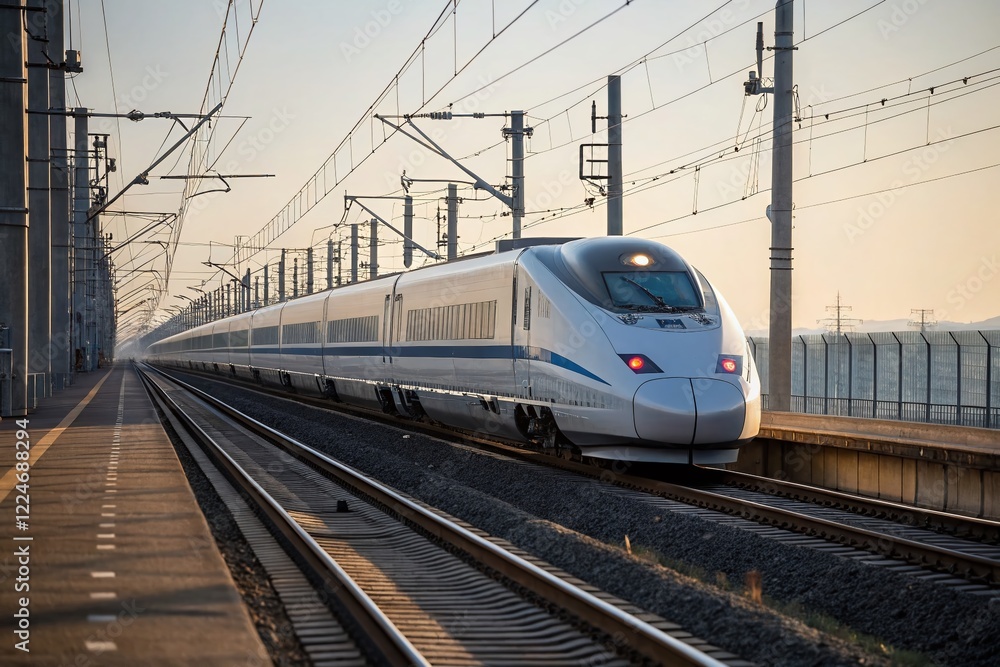 High-Speed Rail, Isolated Bullet Train on Track, Modern Transportation, Railway, Speed High-Speed Rail, Isolated Bullet Train on Track, Modern Transportation, Railway, Speed