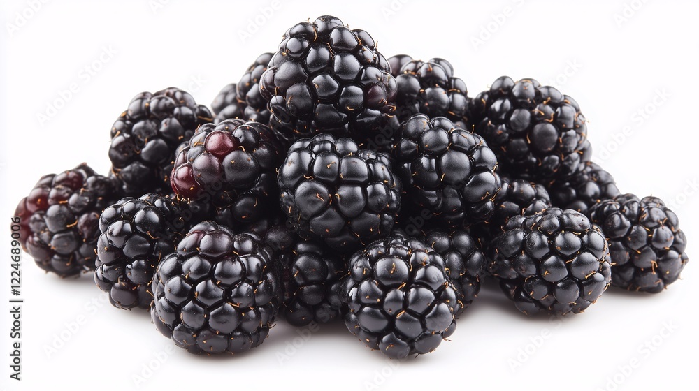A heap of glossy blackberries isolated on a white background, emphasizing freshness. Perfect for food packaging, nutrition, and healthy eating. A heap of glossy blackberries isolated on a white background, emphasizing freshness. Perfect for food packaging, nutrition, and healthy eating.