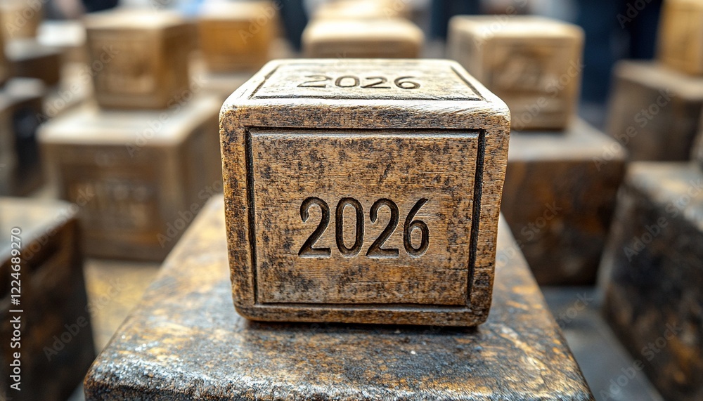 Wooden 2026 block, city square, future event Wooden 2026 block, city square, future event