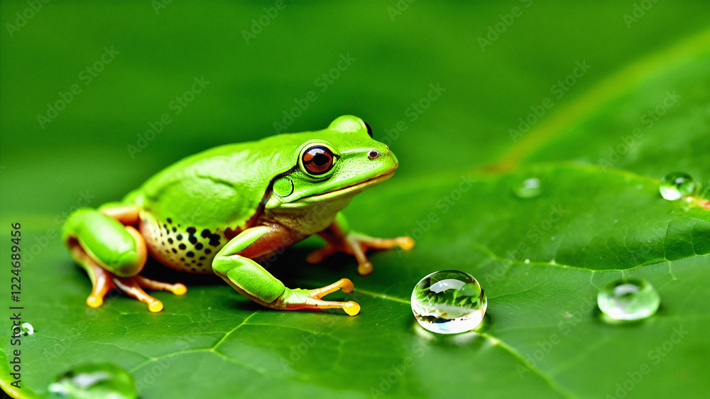Naklejka premium Frog, green leaves, water droplets, morning, scenery, dream, background, template