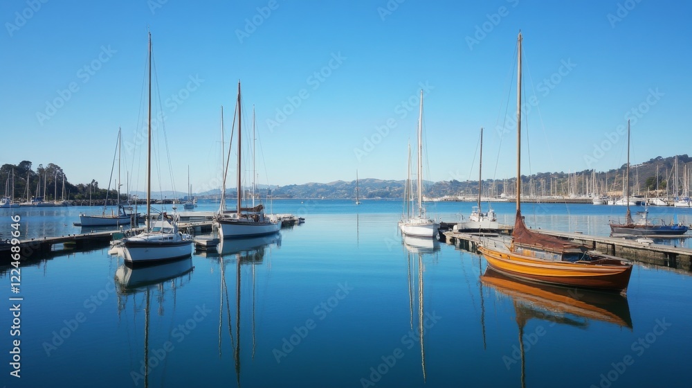 Calm harbor with sailboats docked on a sunny day. Calm harbor with sailboats docked on a sunny day.