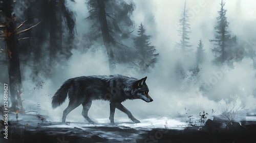 Mysterious wolf crossing peaceful lake surrounded by atmospheric forest in glowing tranquil misty light photo