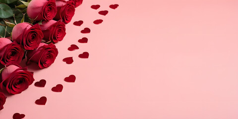 Red roses bloom gracefully in the corner, set against a pink background that offers ample copy space for the message